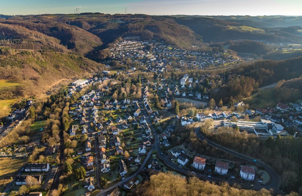 Aerial image Dahl - Location view of the streets and houses of residential areas in the valley landscape surrounded by mountains in Dahl in the state North Rhine-Westphalia, Germany