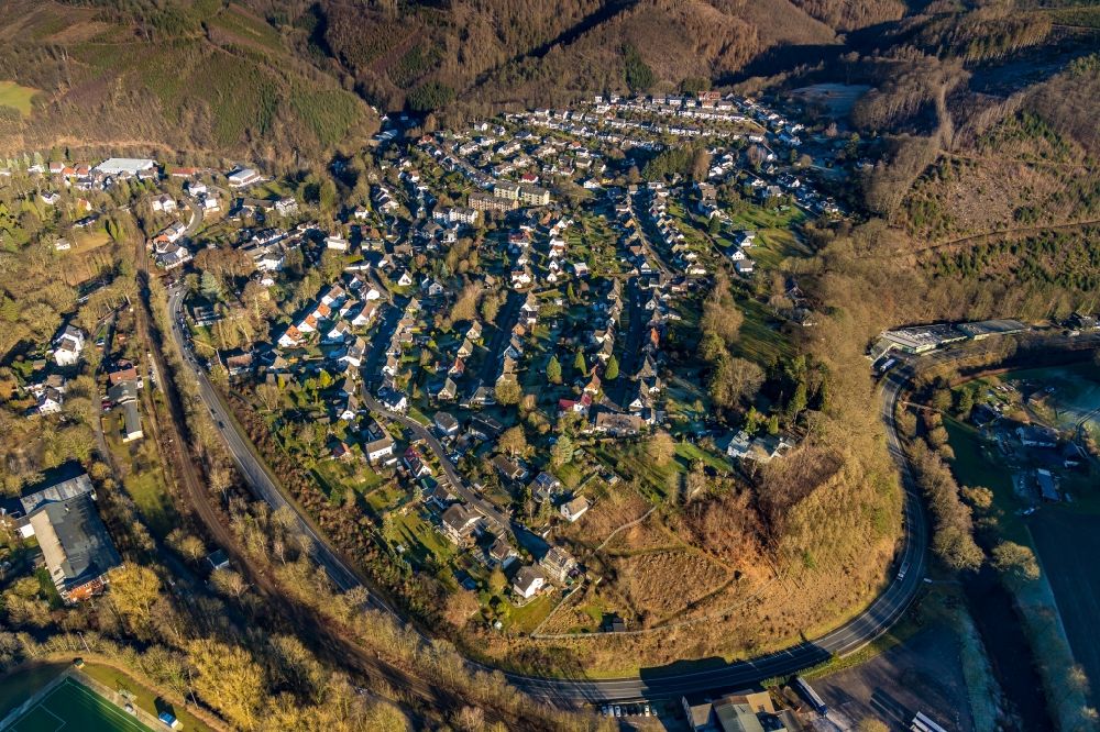 Aerial photograph Dahl - Location view of the streets and houses of residential areas in the valley landscape surrounded by mountains in Dahl in the state North Rhine-Westphalia, Germany