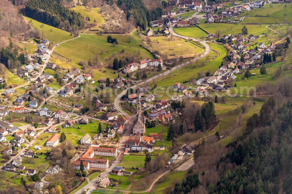 Aerial image Ettenheimmünster - Location view of the streets and houses of residential areas in the valley landscape surrounded by mountains in Ettenheimmuenster in the state Baden-Wuerttemberg, Germany