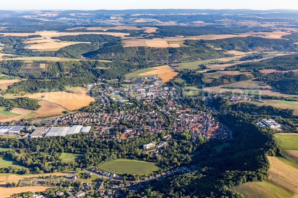 Aerial photograph Meisenheim - Location view of the streets and houses of residential areas in the Glan valley landscape surrounded by hills in Meisenheim in the state Rhineland-Palatinate, Germany