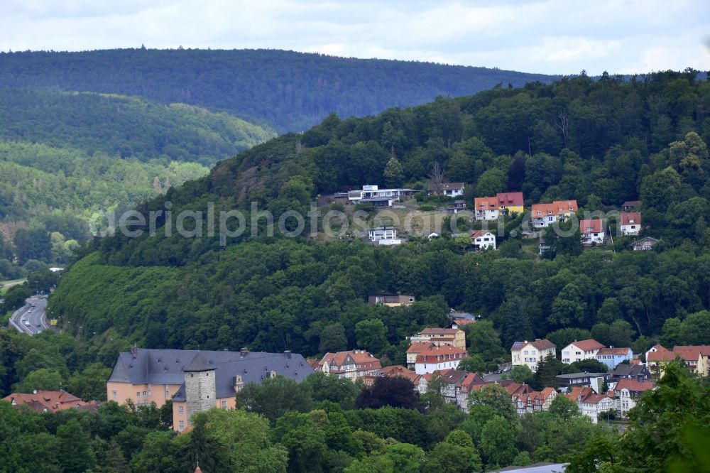 Aerial image Hann. Münden - Location view of the streets and houses of residential areas in the valley landscape surrounded by mountains in Hann. Muenden in the state Lower Saxony, Germany