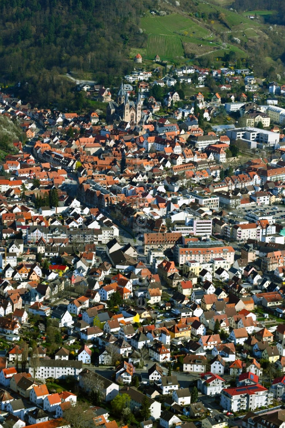 Heppenheim (Bergstraße) from above - Location view of the streets and houses of residential areas in the valley landscape surrounded by mountains in Heppenheim (Bergstrasse) in the state Hesse, Germany