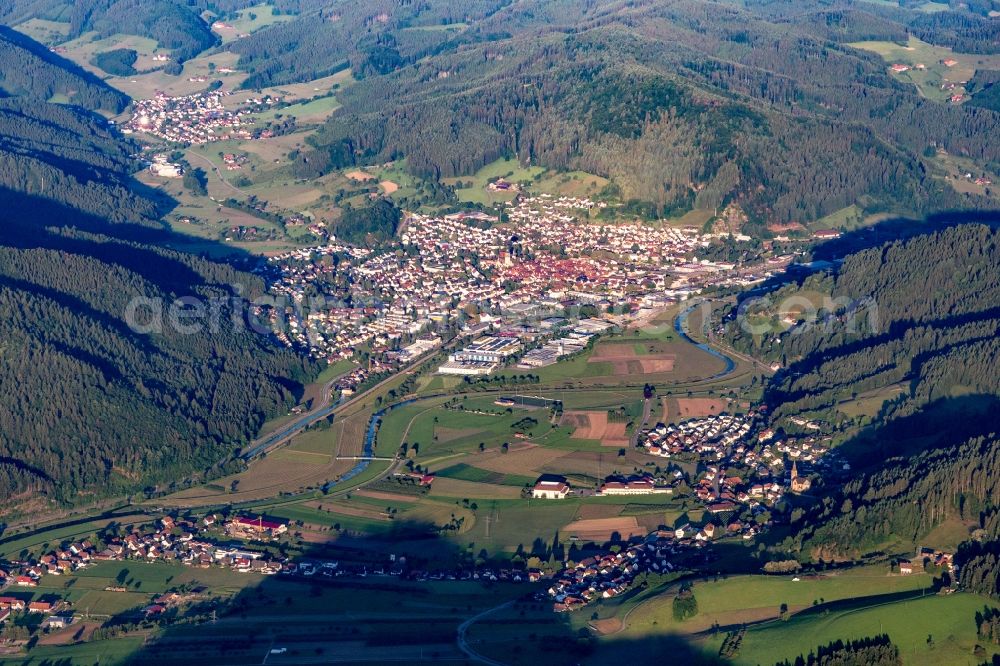 Aerial image Haslach im Kinzigtal - Location view of the streets and houses of residential areas in the valley landscape surrounded by mountains of the black forest in Haslach im Kinzigtal in the state Baden-Wurttemberg, Germany