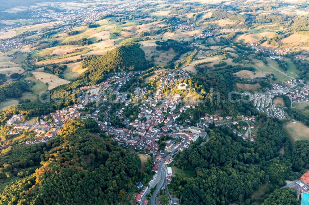Aerial photograph Lindenfels - Location view of the streets and houses of residential areas in the valley landscape surrounded by mountains in Lindenfels in the state Hesse, Germany