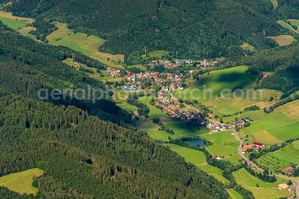 Aerial image Oberprechtal - Location view of the streets and houses of residential areas in the valley landscape surrounded by mountains in Oberprechtal in the state Baden-Wuerttemberg, Germany