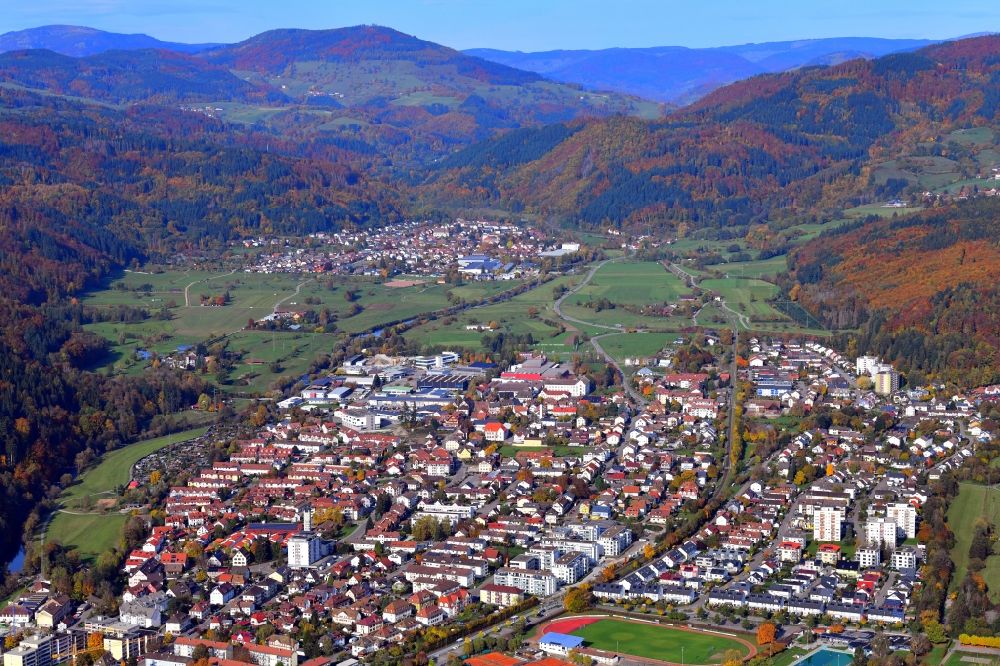 Schopfheim from above - Location view of the streets and houses of residential areas in the valley landscape surrounded by mountains in the district Fahrnau in Schopfheim in the state Baden-Wuerttemberg, Germany