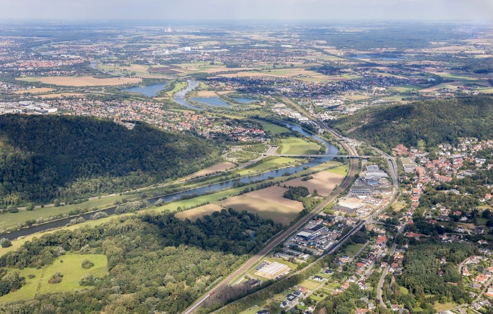 Aerial image Porta Westfalica - Location view of the streets and houses of residential areas in the valley landscape surrounded by mountains in the district Holzhausen in Porta Westfalica in the state North Rhine-Westphalia, Germany