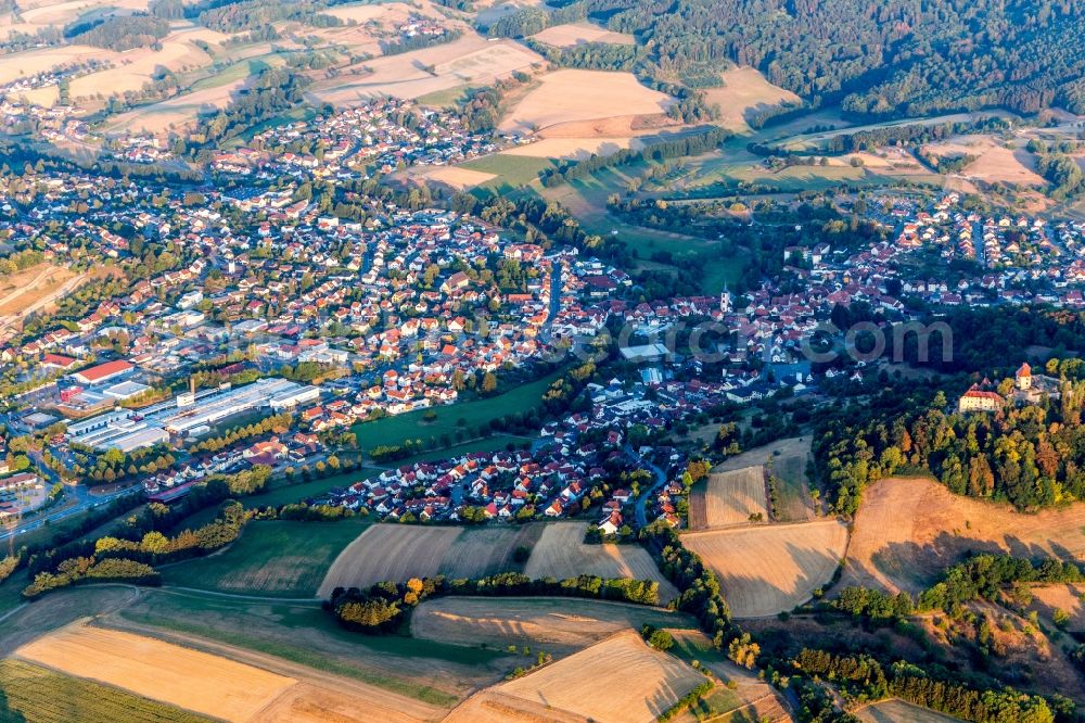 Aerial image Reichelsheim (Odenwald) - Location view of the streets and houses of residential areas in the valley landscape surrounded by mountains in Reichelsheim (Odenwald) in the state Hesse, Germany
