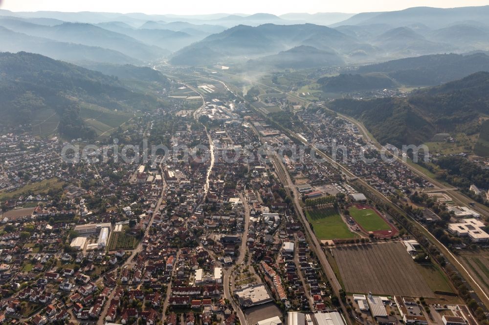 Aerial image Oberkirch - Location view of the streets and houses of residential areas in the Rench valley landscape surrounded by mountains of the black forest in Oberkirch in the state Baden-Wuerttemberg, Germany