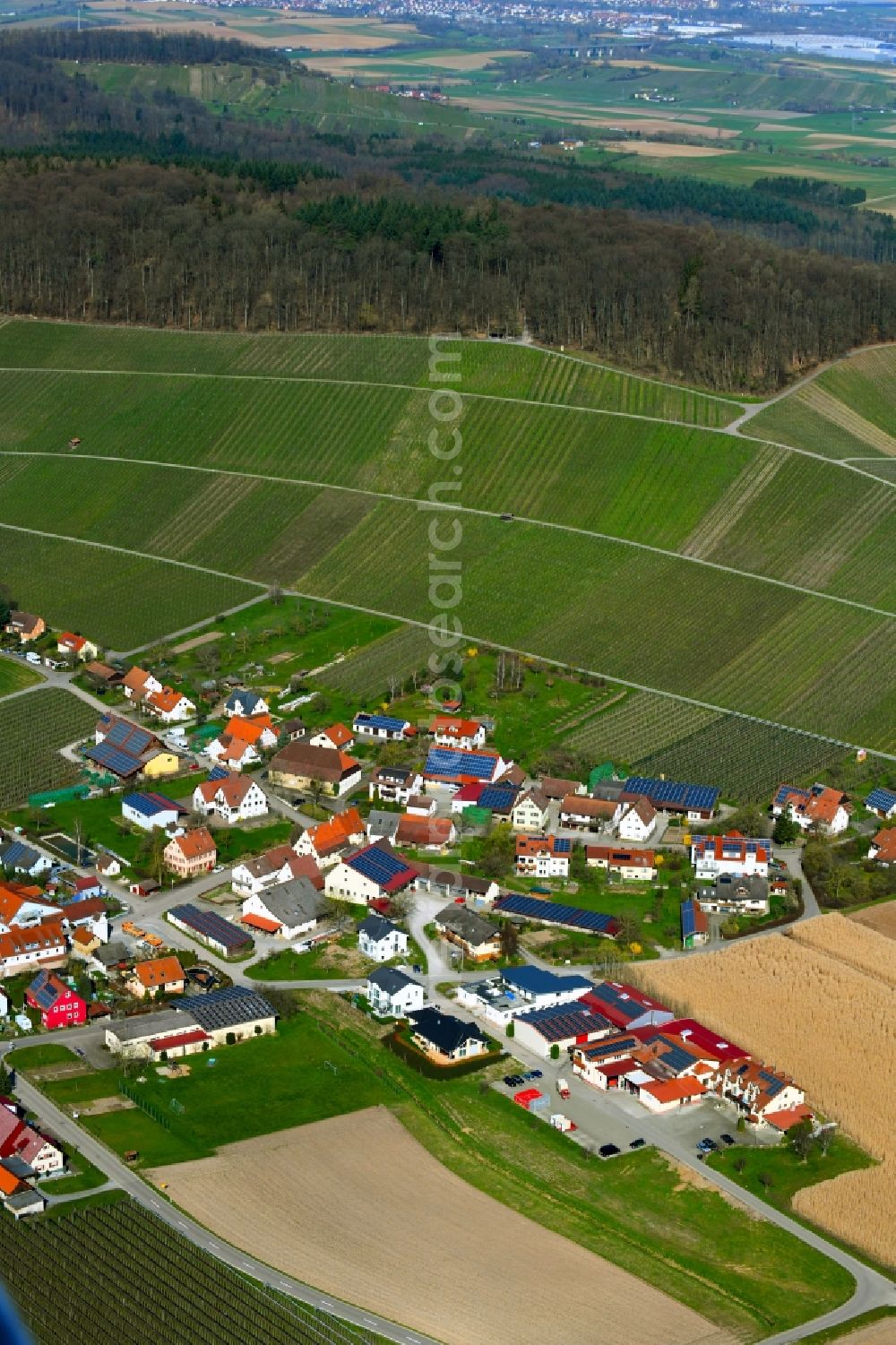 Aerial image Siebeneich - Location view of the streets and houses of residential areas in the valley landscape surrounded by mountains in Siebeneich in the state Baden-Wurttemberg, Germany