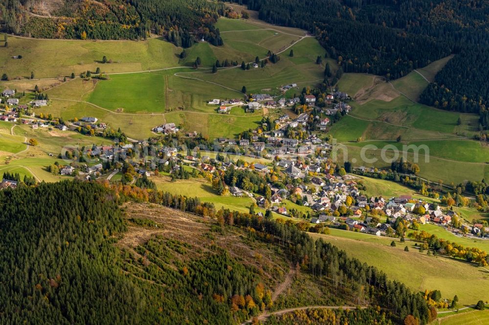 Todtnauberg from the bird's eye view: Location view of the streets and houses of residential areas in the valley landscape surrounded by mountains in Todtnauberg in the state Baden-Wuerttemberg, Germany