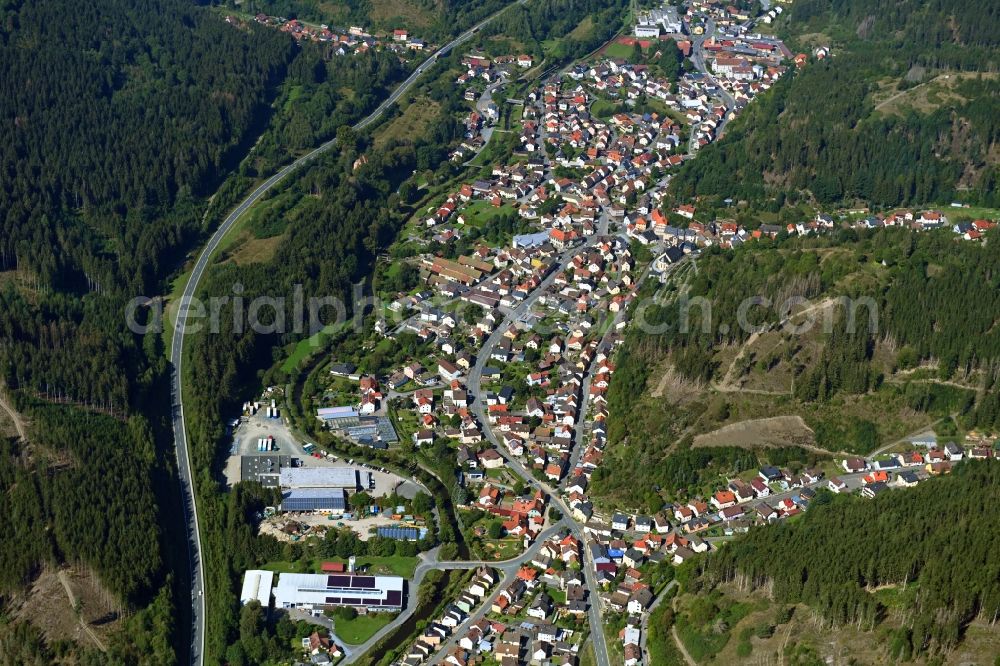 Aerial image Wallenfels - Location view of the streets and houses of residential areas in the valley landscape surrounded by mountains in Wallenfels in the state Bavaria, Germany