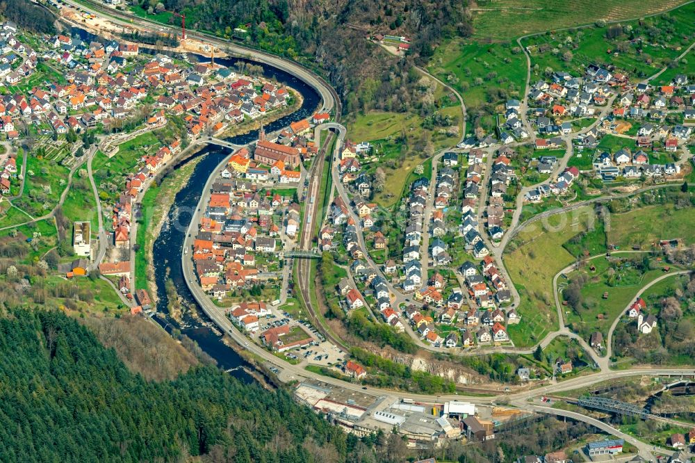 Aerial image Weisenbach - Location view of the streets and houses of residential areas in the valley landscape surrounded by mountains in Weisenbach in the state Baden-Wuerttemberg, Germany