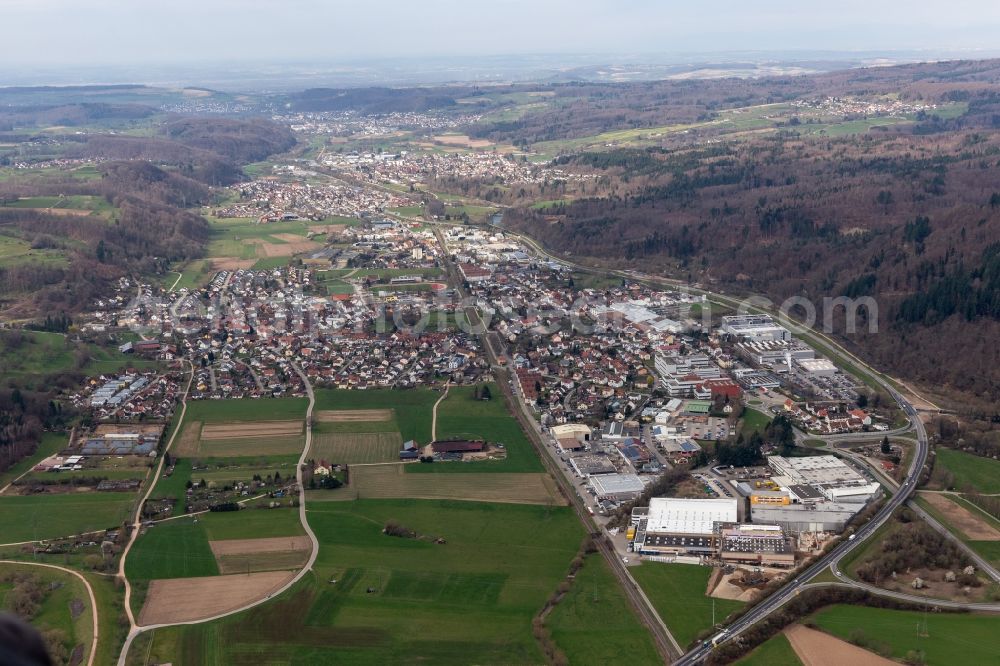 Aerial photograph Maulburg - Location view of the streets and houses of residential areas in the valley landscape of the Wiese river surrounded by mountains in Maulburg in the state Baden-Wuerttemberg, Germany