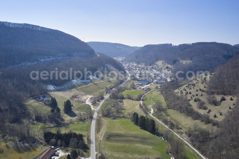 Wiesensteig from above - Location view of the streets and houses of residential areas in the valley landscape surrounded by mountains in Wiesensteig in the state Baden-Wuerttemberg, Germany