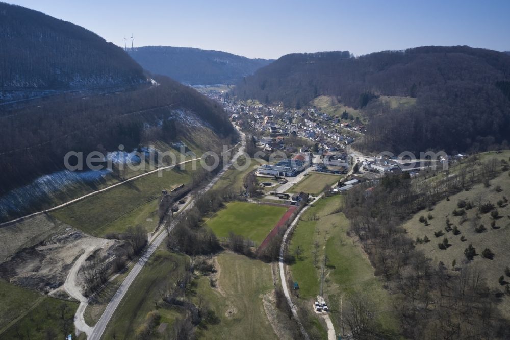 Aerial image Wiesensteig - Location view of the streets and houses of residential areas in the valley landscape surrounded by mountains in Wiesensteig in the state Baden-Wuerttemberg, Germany