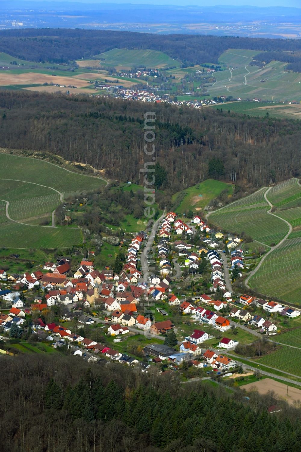 Wimmental from the bird's eye view: Location view of the streets and houses of residential areas in the valley landscape surrounded by mountains in Wimmental in the state Baden-Wurttemberg, Germany