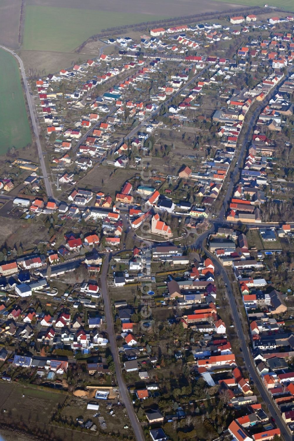 Thalheim from above - Town View of the streets and houses of the residential areas in Thalheim in the state Saxony-Anhalt, Germany