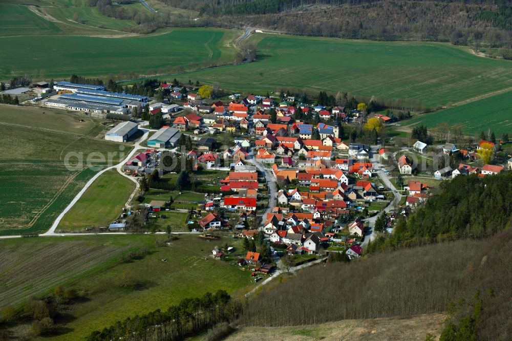 Thangelstedt from above - Local view on the edge of agricultural fields, usable areas, meadows and forest in Thangelstedt in the state Thuringia, Germany