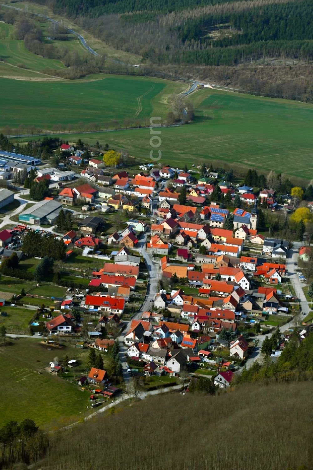 Aerial image Thangelstedt - Local view on the edge of agricultural fields, usable areas, meadows and forest in Thangelstedt in the state Thuringia, Germany