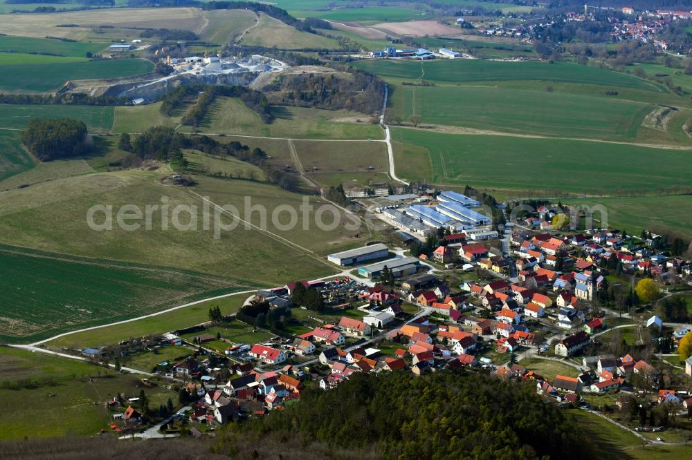 Thangelstedt from above - Local view on the edge of agricultural fields, usable areas, meadows and forest in Thangelstedt in the state Thuringia, Germany