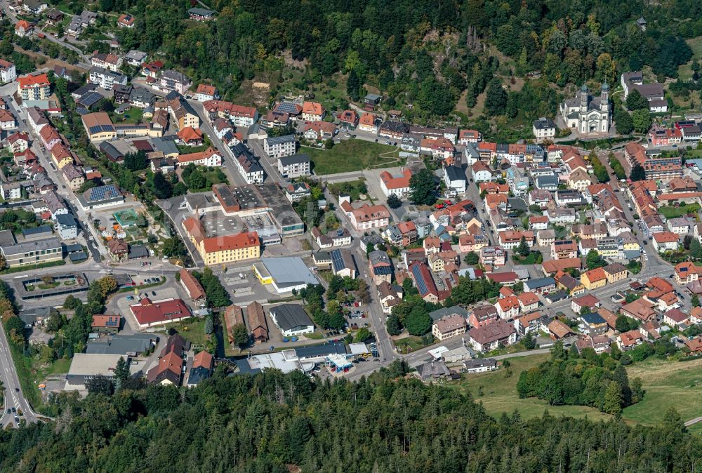 Todtnau from above - Town View of the streets and houses of the residential areas in Todtnau in the state Baden-Wurttemberg, Germany
