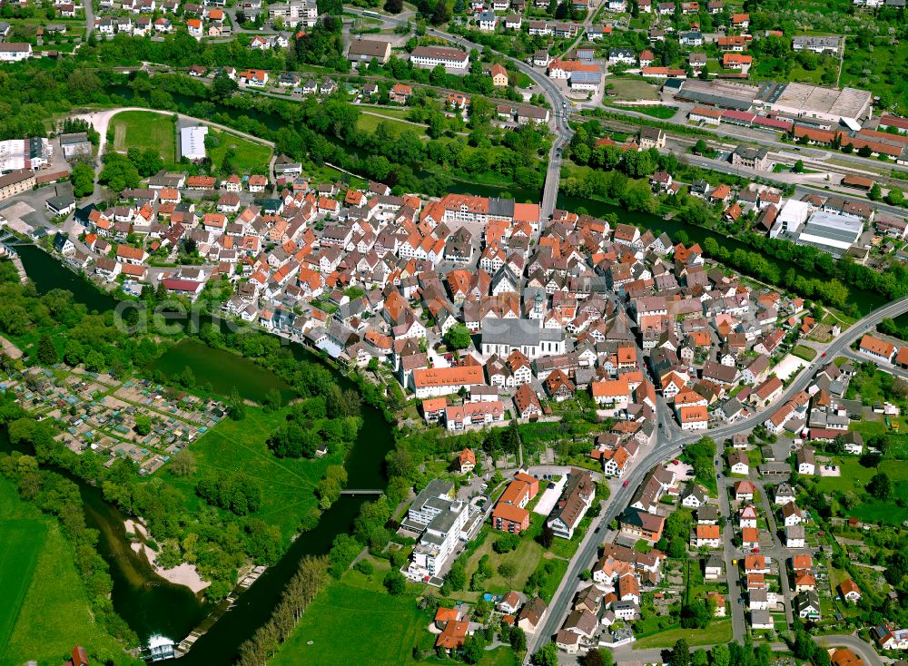 Munderkingen from above - Village on the banks of the area Danube - river course in Munderkingen in the state Baden-Wuerttemberg, Germany