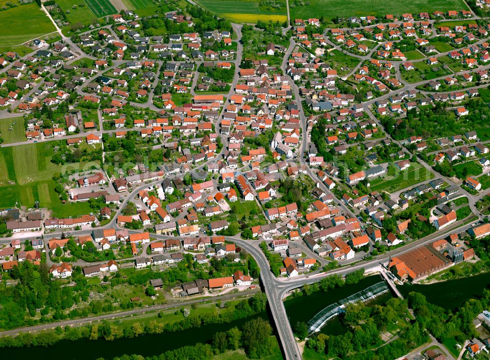 Aerial image Rottenacker - Village on the banks of the area Danube - river course in Rottenacker in the state Baden-Wuerttemberg, Germany