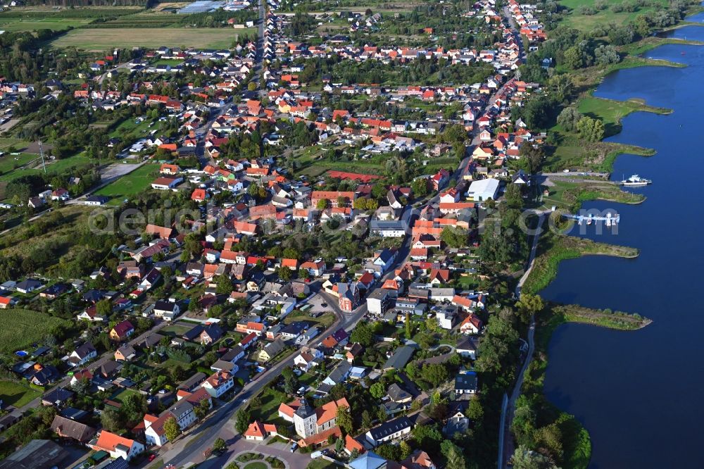 Rogätz from above - Town view on the banks of the Elbe - river course in Rogaetz in the state Saxony-Anhalt, Germany