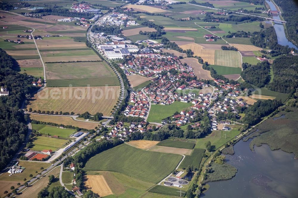 Aerial image Weixerau - Local view with streets and houses on the bank area of a??a??the Mittlere-Isar Canal in Weixerau in the state Bavaria, Germany