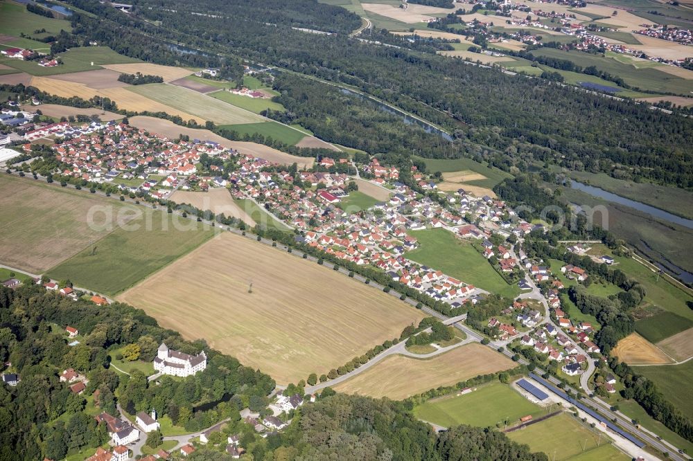 Aerial image Weixerau - Local view with streets and houses on the bank area of a??a??the Mittlere-Isar Canal and surrounded by agricultural fields in Weixerau in the state Bavaria, Germany