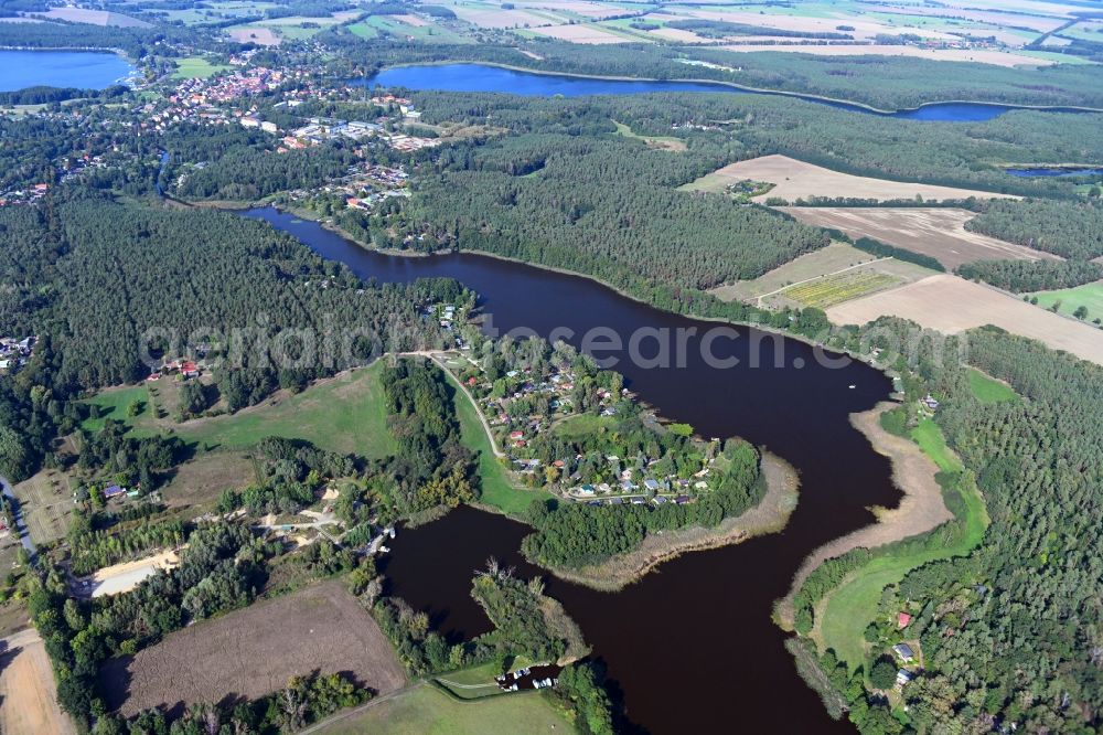 Lindow (Mark) from above - Village on the banks of the area lake of Vielitzsee in Lindow (Mark) in the state Brandenburg, Germany