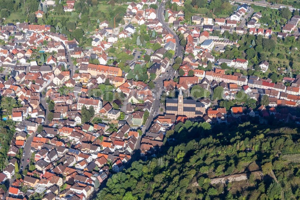 Untergrombach from above - Town View of the streets and houses of the residential areas in Untergrombach in the state Baden-Wurttemberg, Germany