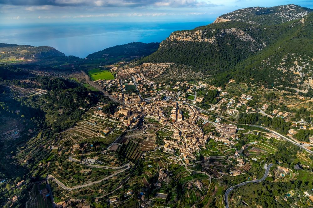 Valldemossa from the bird's eye view: Town View of the streets and houses of the residential areas in Valldemossa in Balearic island of Mallorca, Spain