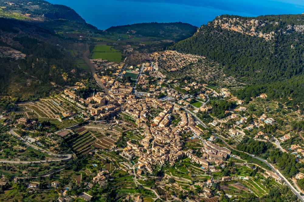 Valldemossa from above - Town View of the streets and houses of the residential areas in Valldemossa in Balearic island of Mallorca, Spain