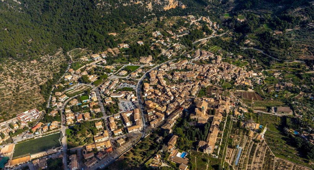 Aerial image Valldemossa - Town View of the streets and houses of the residential areas in Valldemossa in Balearic island of Mallorca, Spain