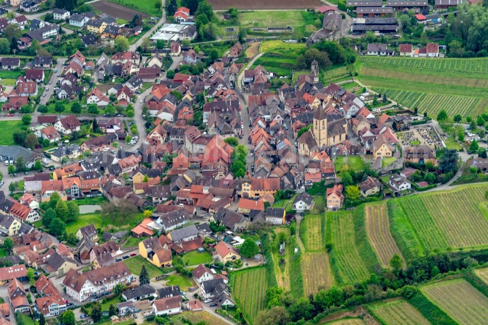 Vogtsburg im Kaiserstuhl from above - Town View of the streets and houses of the residential areas in Vogtsburg im Kaiserstuhl in the state Baden-Wurttemberg, Germany