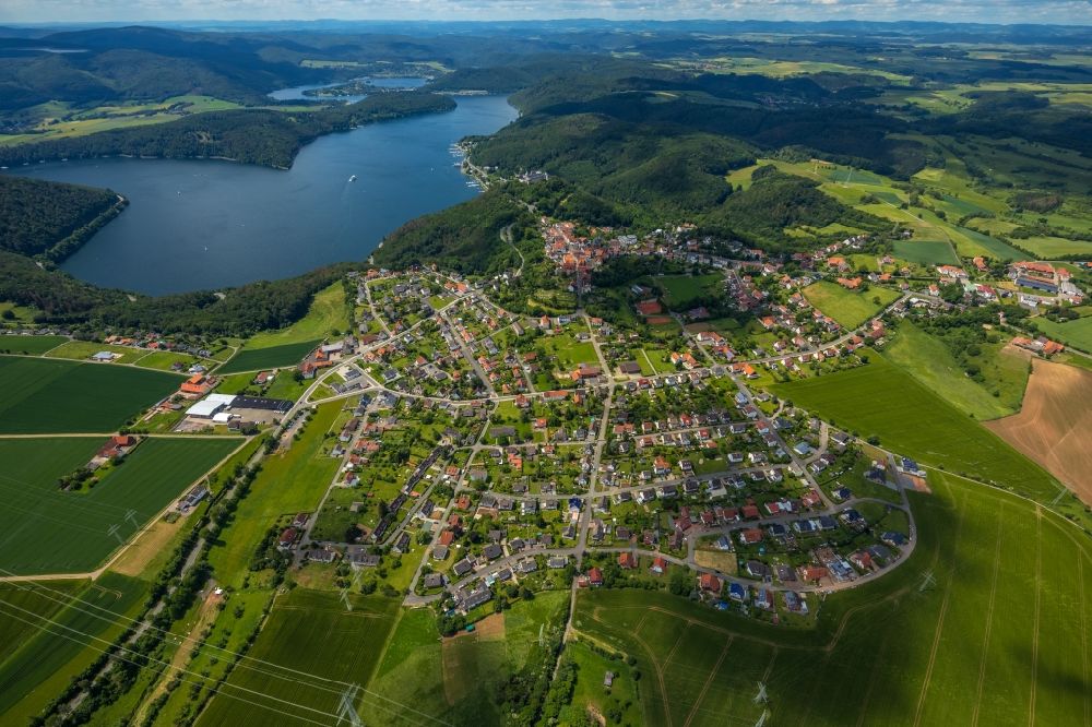 Aerial image Waldeck - Town View of the streets and houses of the residential areas in Waldeck in the state Hesse, Germany