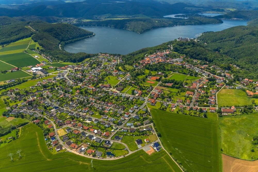 Waldeck from above - Town View of the streets and houses of the residential areas in Waldeck in the state Hesse, Germany