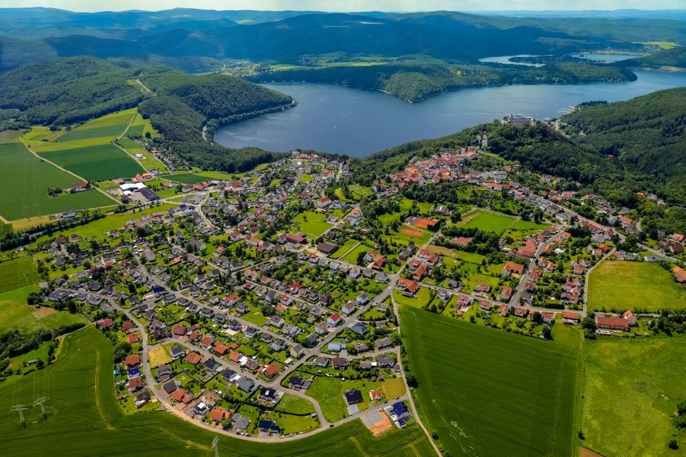 Aerial image Waldeck - Town View of the streets and houses of the residential areas in Waldeck in the state Hesse, Germany