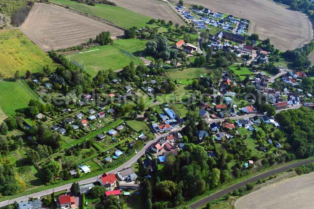Wallwitz from above - Town View of the streets and houses of the residential areas in Wallwitz in the state Saxony-Anhalt, Germany