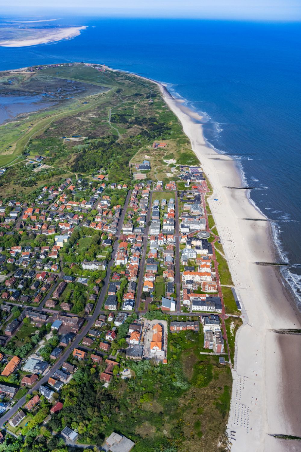 Wangerooge from above - View of the village of Wangerooge on the island of the same name in the Wadden Sea of the North Sea in the state of Lower Saxony. Wangerooge is the Eastern-most inhabited of the East Frisian Islands. It has a sand beach and is a spa resort
