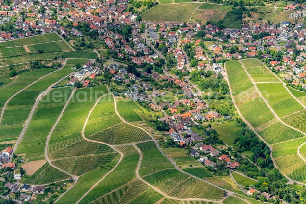 Fessenbach from above - Location view of the streets and houses of residential areas in the valley landscape surrounded by mountains in Fessenbach in the state Baden-Wuerttemberg, Germany