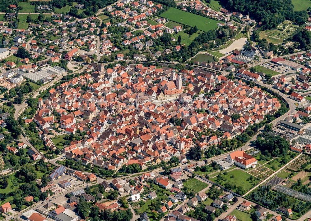 Wemding from above - Town View of the streets and houses of the residential areas in Wemding in the state Bavaria, Germany