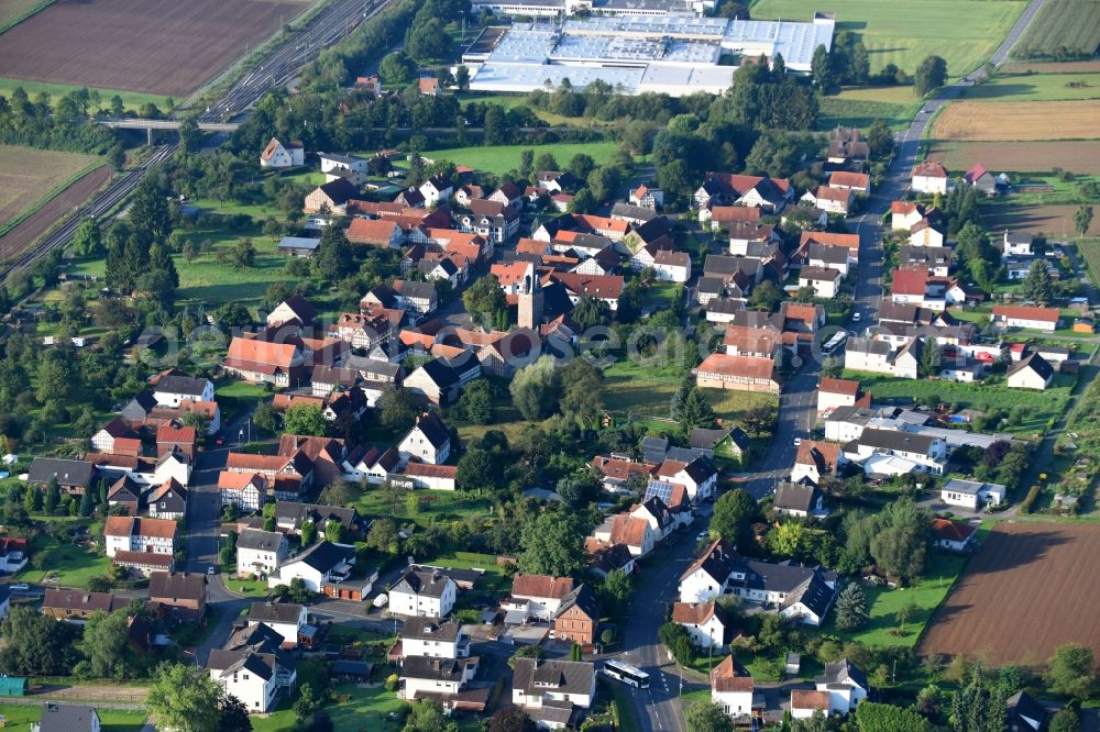 Wenkbach from above - Town View of the streets and houses of the residential areas in Wenkbach in the state Hesse, Germany