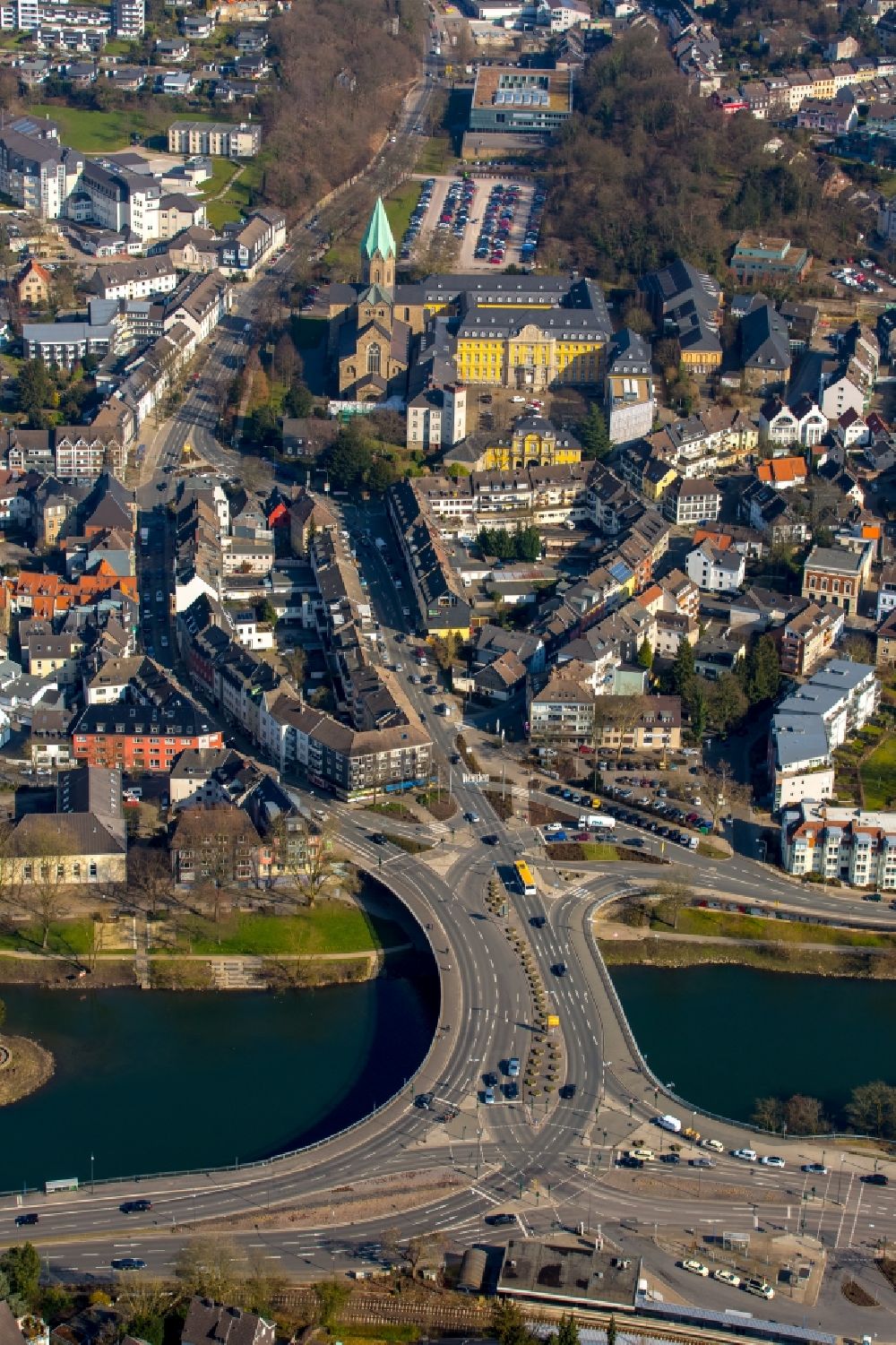 Werden from above - View of Werden on the river Ruhr and the Gustav-Heinemann- Bridge, Folkwang University and Basilika St.Ludgerus in the state of North Rhine-Westphalia