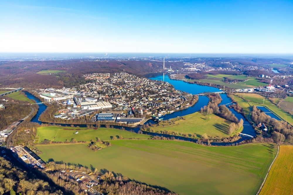 Wetter (Ruhr) from above - View of the city of Wetter in the Ruhr area with river loop of the Ruhr, industrial area, forest and Friedrichstrasse-Ruhr bridge and remains of the wall of the castle complex Volmarstein in the state North Rhine-Westphalia, Germany