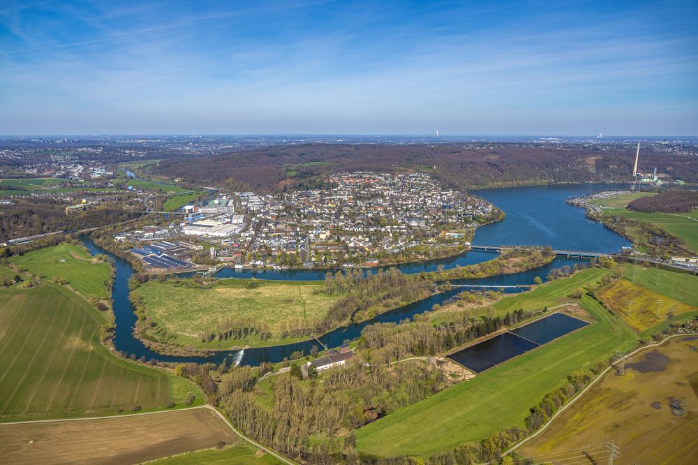 Aerial photograph Wetter (Ruhr) - View of the city of Wetter in the Ruhr area with river loop of the Ruhr, industrial area, forest and Friedrichstrasse-Ruhr bridge and remains of the wall of the castle complex Volmarstein in the state North Rhine-Westphalia, Germany
