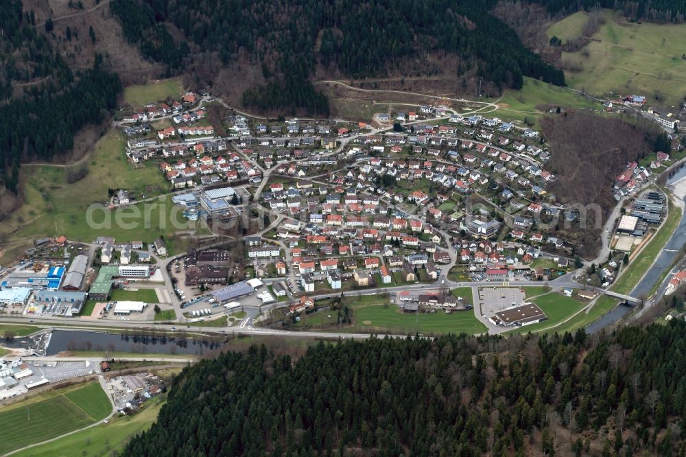Wolfach from above - Town View of the streets and houses of the residential areas in Wolfach in the state Baden-Wuerttemberg, Germany