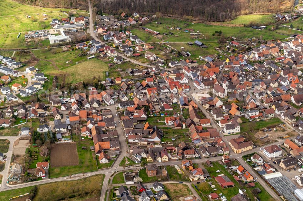Weisweil from above - Town View of the streets and houses of the residential areas in Weisweil in the state Baden-Wurttemberg, Germany